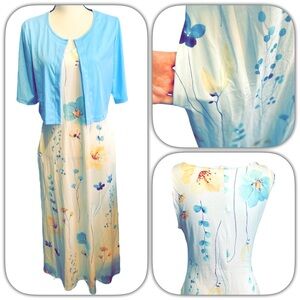 NWOT 2 pc Floral Print Dress with Jacket Set - Light Blue, Yellow and White Sz M